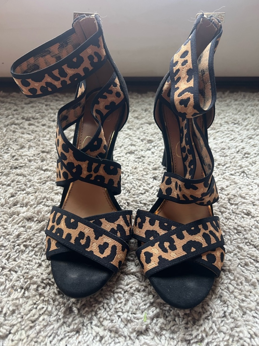 Jessica Simpson Leopard Print Strappy Heels - Black & Tan